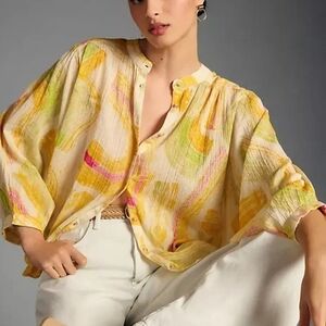 Pilcro Cream Button-Front Blouse with Yellow & Pink Brushstroke Print